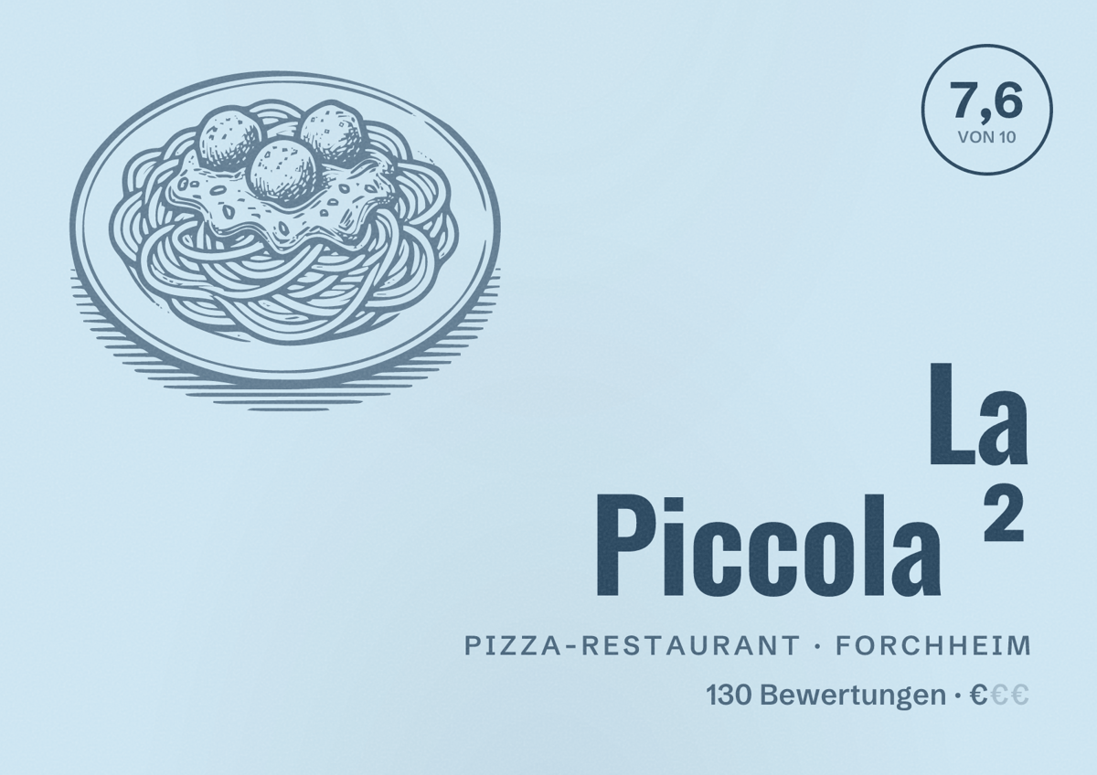 Illustriertes Poster von La Piccola ², Pizza-Restaurant in Forchheim: Bewertung 7,6 von 10 aus 130 Bewertungen, Preisniveau €
