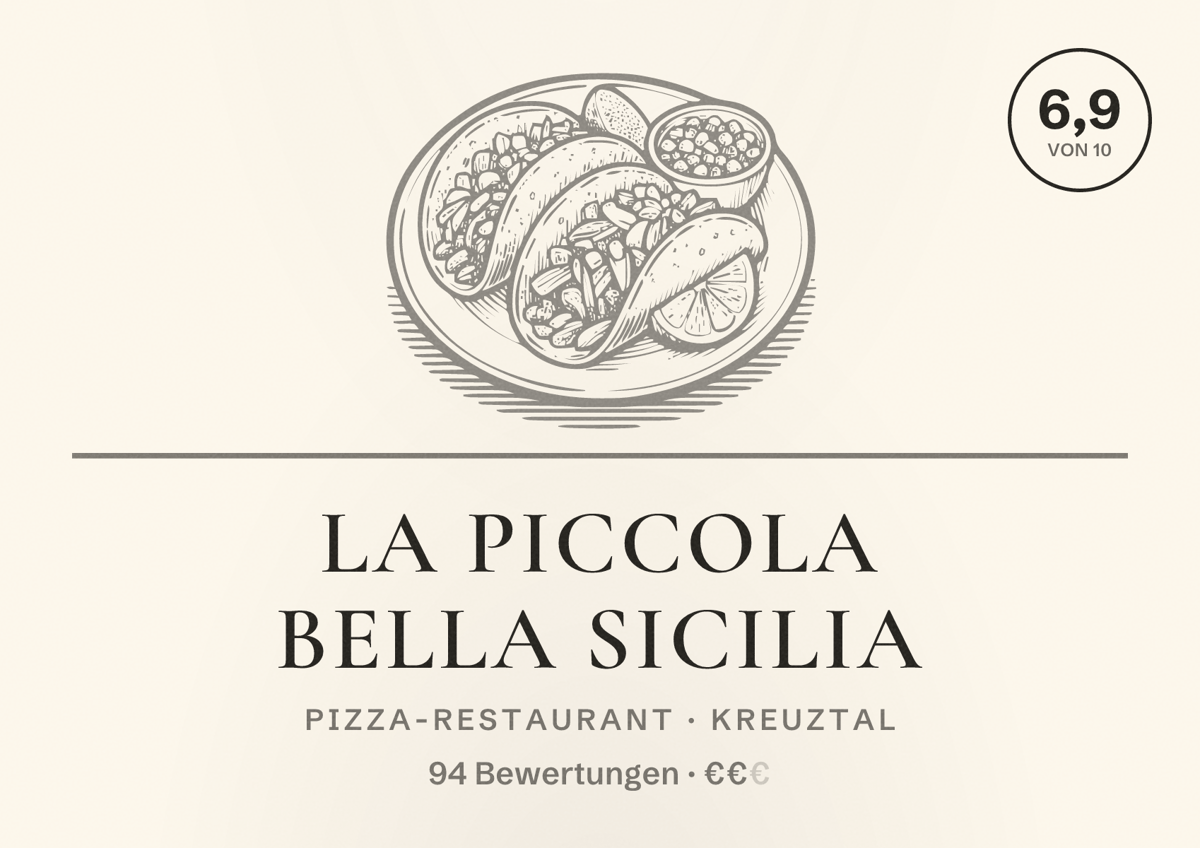 Illustriertes Poster von La Piccola Bella Sicilia, Pizza-Restaurant in Kreuztal: Bewertung 6,9 von 10 aus 94 Bewertungen, Preisniveau €€