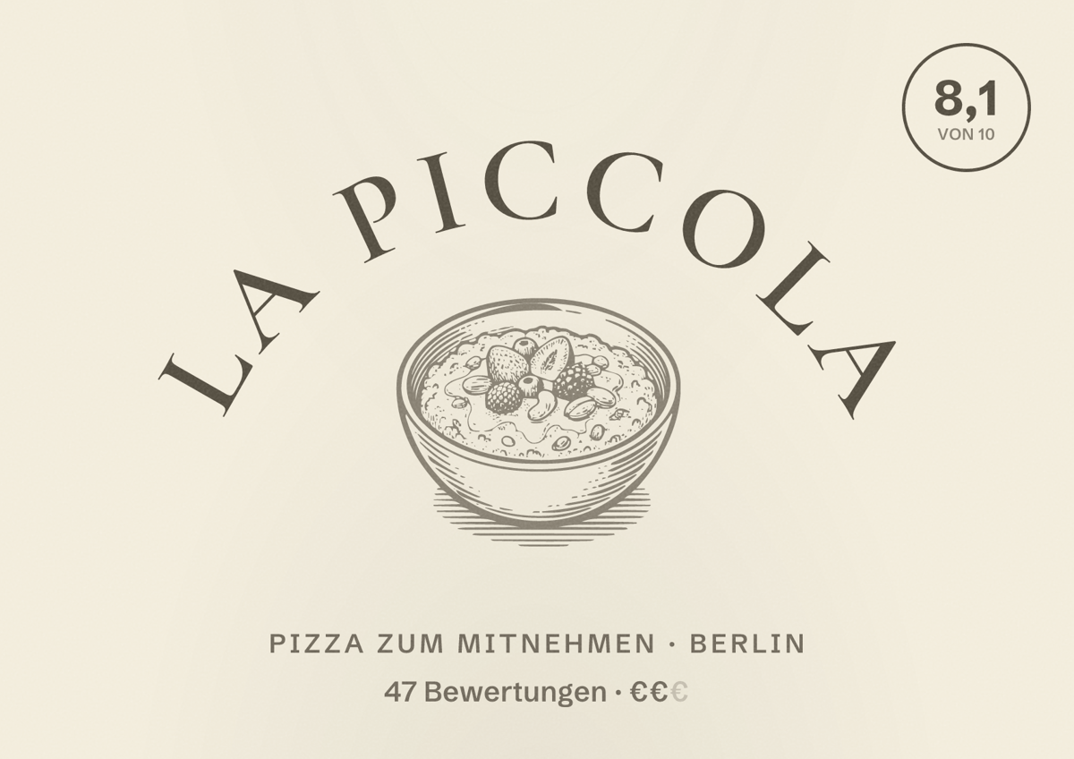 Illustriertes Poster von La Piccola, Pizza zum Mitnehmen in Berlin: Bewertung 8,1 von 10 aus 47 Bewertungen, Preisniveau €€