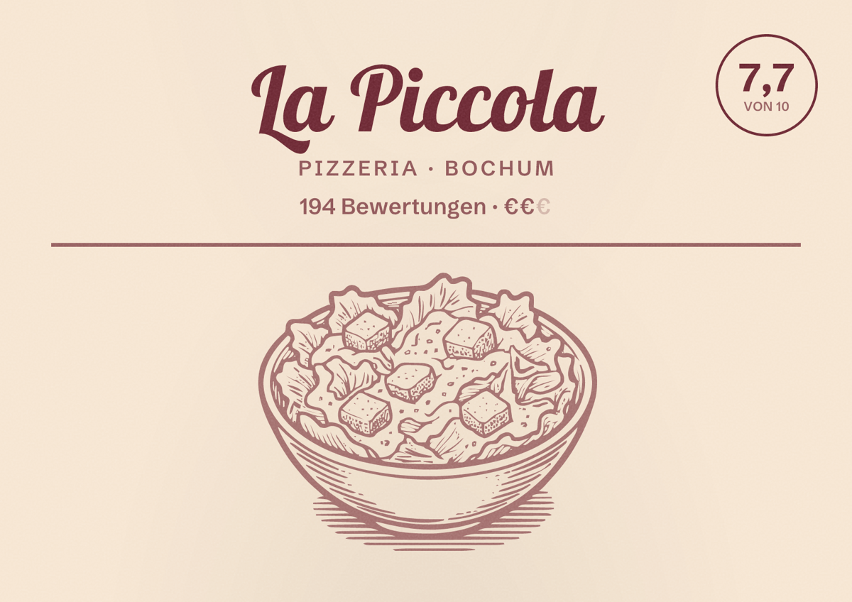 Illustriertes Poster von La Piccola, Pizzeria in Bochum: Bewertung 7,7 von 10 aus 194 Bewertungen, Preisniveau €€