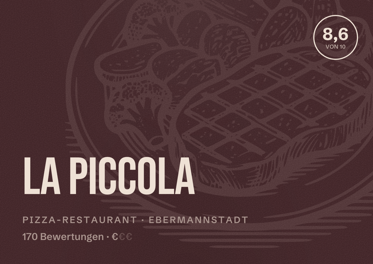 Illustriertes Poster von La Piccola, Pizza-Restaurant in Ebermannstadt: Bewertung 8,6 von 10 aus 170 Bewertungen, Preisniveau €
