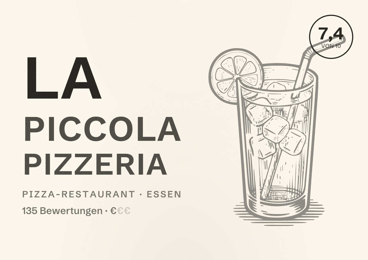Illustriertes Poster von La Piccola pizzeria, Pizza-Restaurant in Essen: Bewertung 7,4 von 10 aus 135 Bewertungen, Preisniveau €