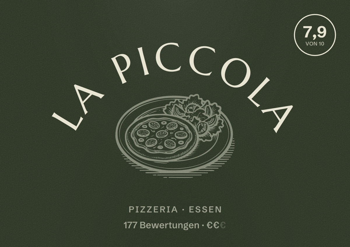 Illustriertes Poster von La Piccola, Pizzeria in Essen: Bewertung 7,9 von 10 aus 177 Bewertungen, Preisniveau €€
