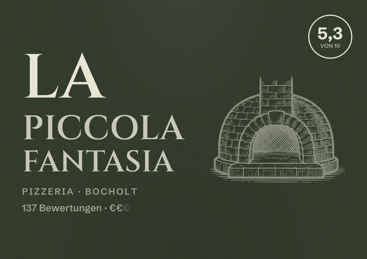 Illustriertes Poster von La Piccola Fantasia, Pizzeria in Bocholt: Bewertung 5,3 von 10 aus 137 Bewertungen, Preisniveau €€