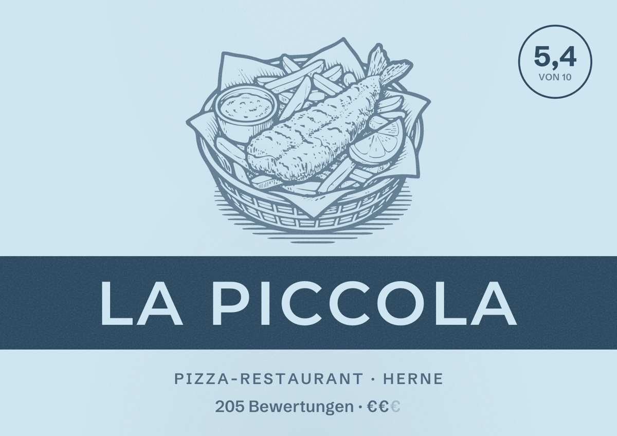 Illustriertes Poster von La Piccola, Pizza-Restaurant in Herne: Bewertung 5,4 von 10 aus 205 Bewertungen, Preisniveau €€