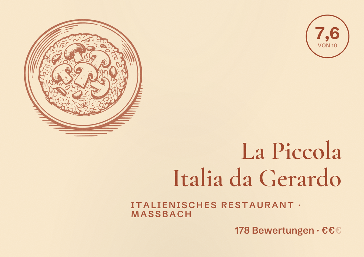 Illustriertes Poster von La Piccola Italia da Gerardo, Italienisches Restaurant in Maßbach: Bewertung 7,6 von 10 aus 178 Bewertungen, Preisniveau €€