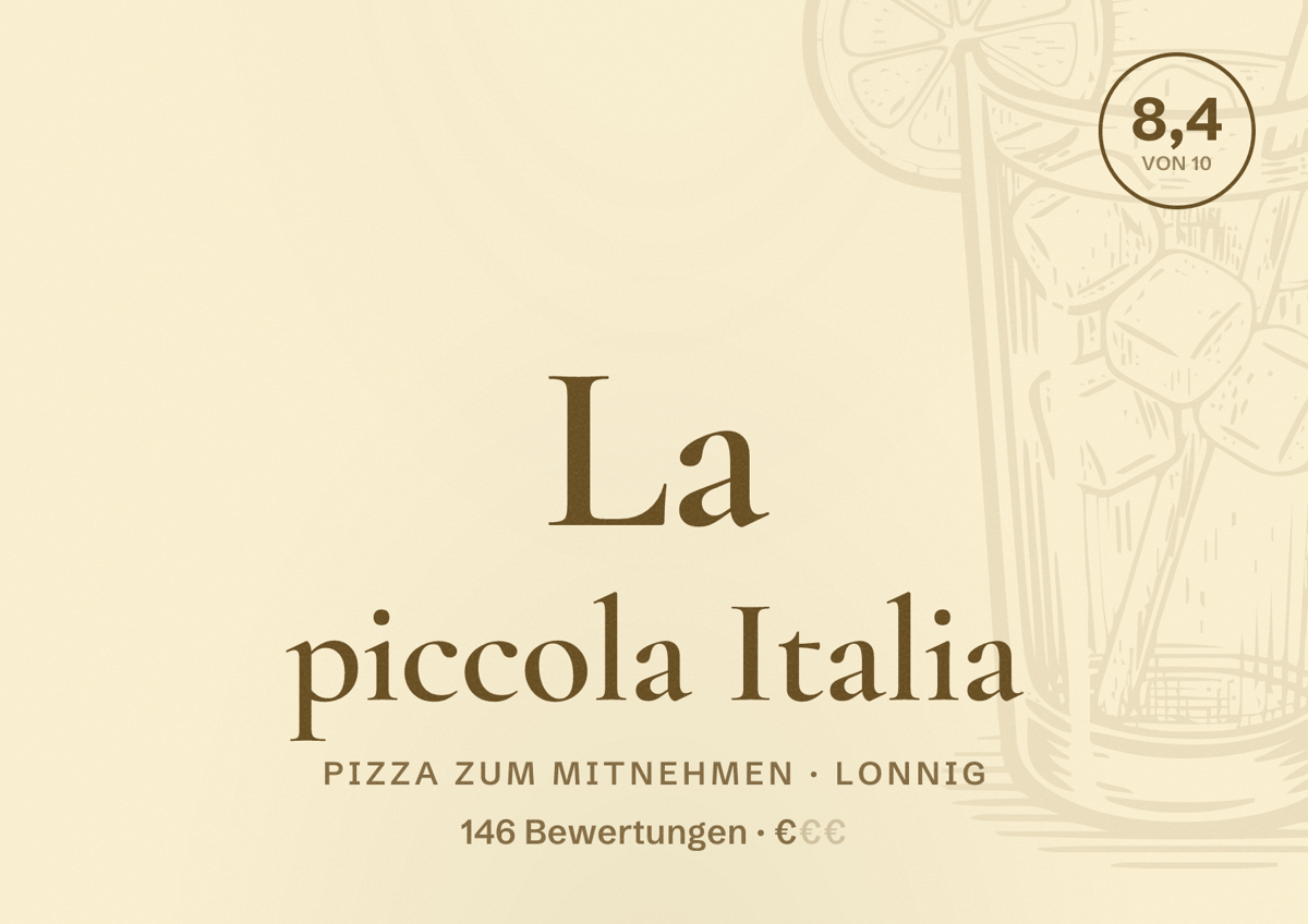 Illustriertes Poster von La piccola Italia, Pizza zum Mitnehmen in Lonnig: Bewertung 8,4 von 10 aus 146 Bewertungen, Preisniveau €