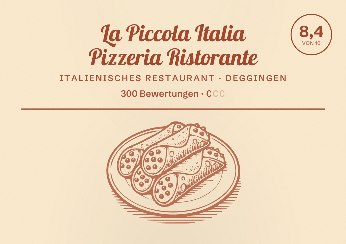 Illustriertes Poster von La Piccola Italia Pizzeria Ristorante, Italienisches Restaurant in Deggingen: Bewertung 8,4 von 10 aus 300 Bewertungen, Preisniveau €