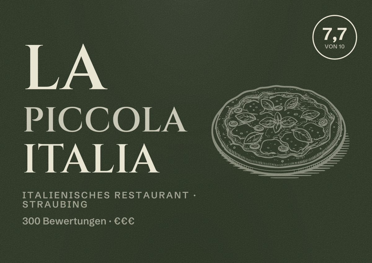 Illustriertes Poster von La Piccola Italia, Italienisches Restaurant in Straubing: Bewertung 7,7 von 10 aus 300 Bewertungen, Preisniveau €€€