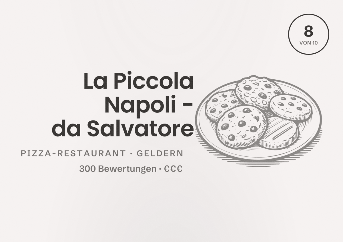 Illustriertes Poster von La Piccola Napoli - da Salvatore, Pizza-Restaurant in Geldern: Bewertung 8 von 10 aus 300 Bewertungen, Preisniveau €€€