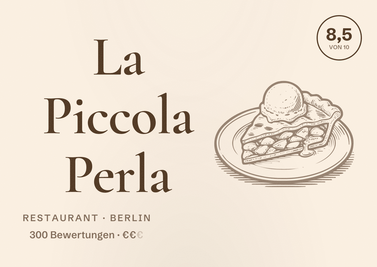 Illustriertes Poster von La Piccola Perla, Restaurant in Berlin: Bewertung 8,5 von 10 aus 300 Bewertungen, Preisniveau €€
