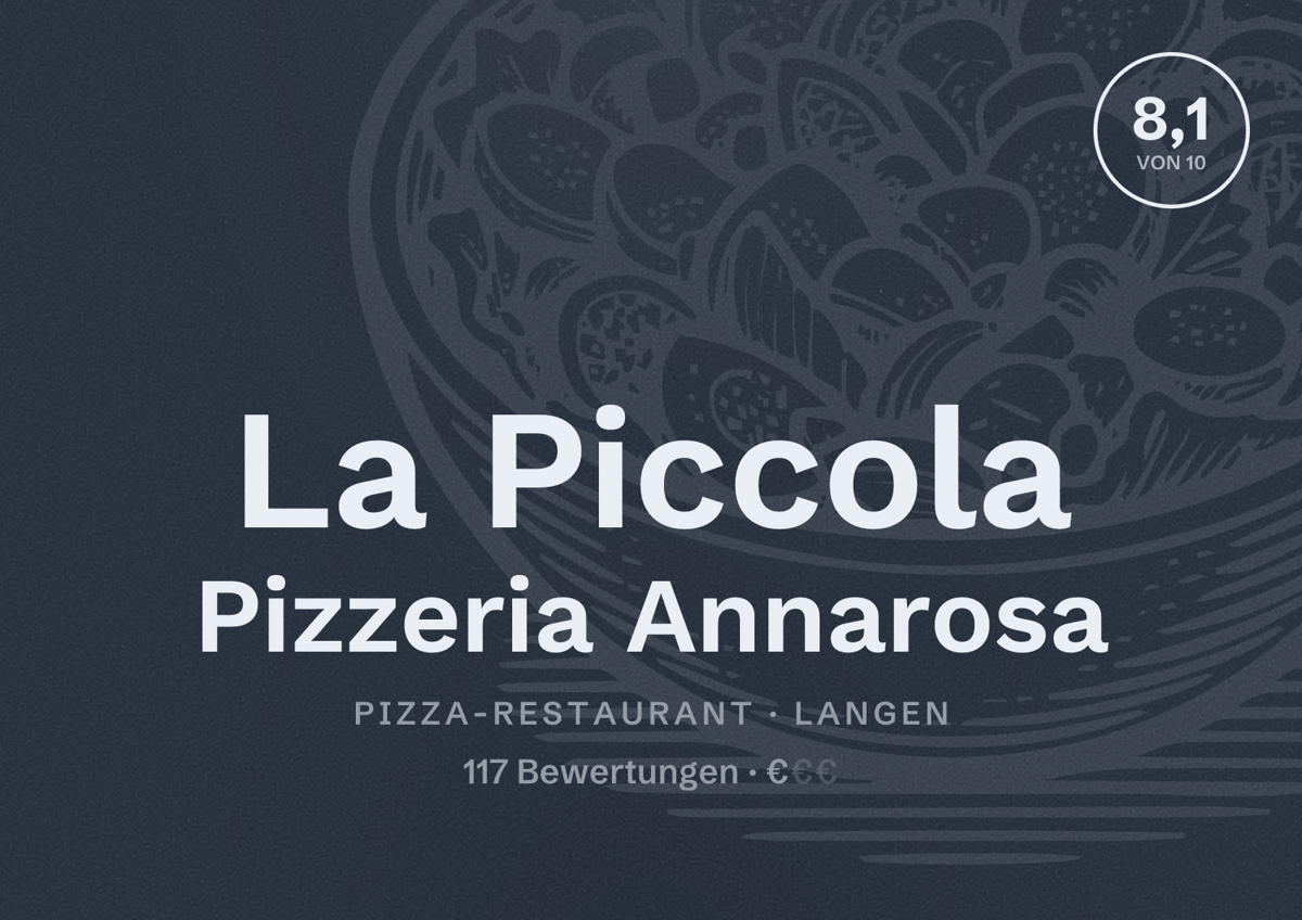 Illustriertes Poster von La Piccola Pizzeria Annarosa, Pizza-Restaurant in Langen: Bewertung 8,1 von 10 aus 117 Bewertungen, Preisniveau €