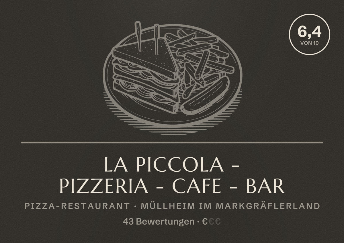 Illustriertes Poster von La Piccola - Pizzeria - Cafe - Bar, Pizza-Restaurant in Müllheim im Markgräflerland: Bewertung 6,4 von 10 aus 43 Bewertungen, Preisniveau €