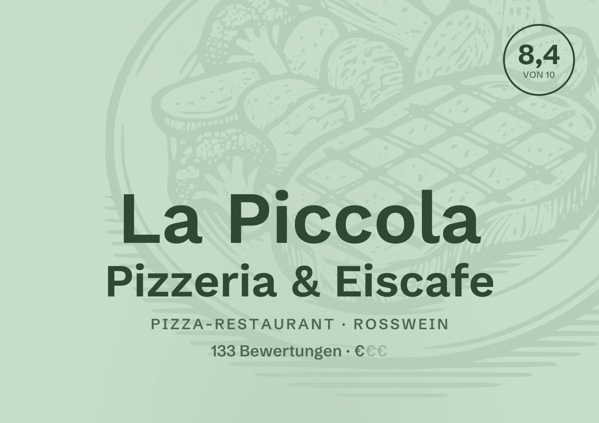 Illustriertes Poster von La Piccola Pizzeria & Eiscafe, Pizza-Restaurant in Roßwein: Bewertung 8,4 von 10 aus 133 Bewertungen, Preisniveau €
