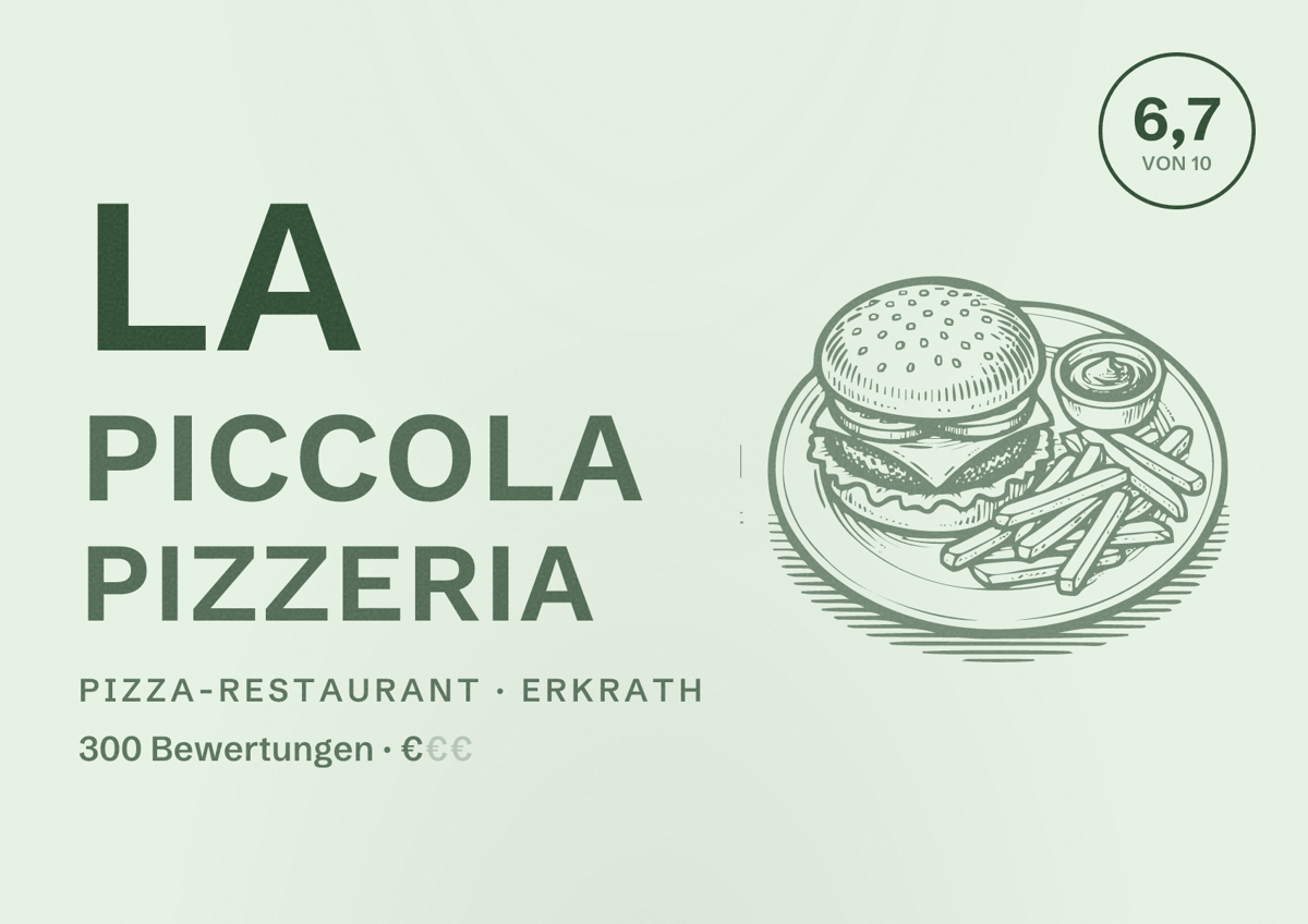Illustriertes Poster von La Piccola Pizzeria, Pizza-Restaurant in Erkrath: Bewertung 6,7 von 10 aus 300 Bewertungen, Preisniveau €