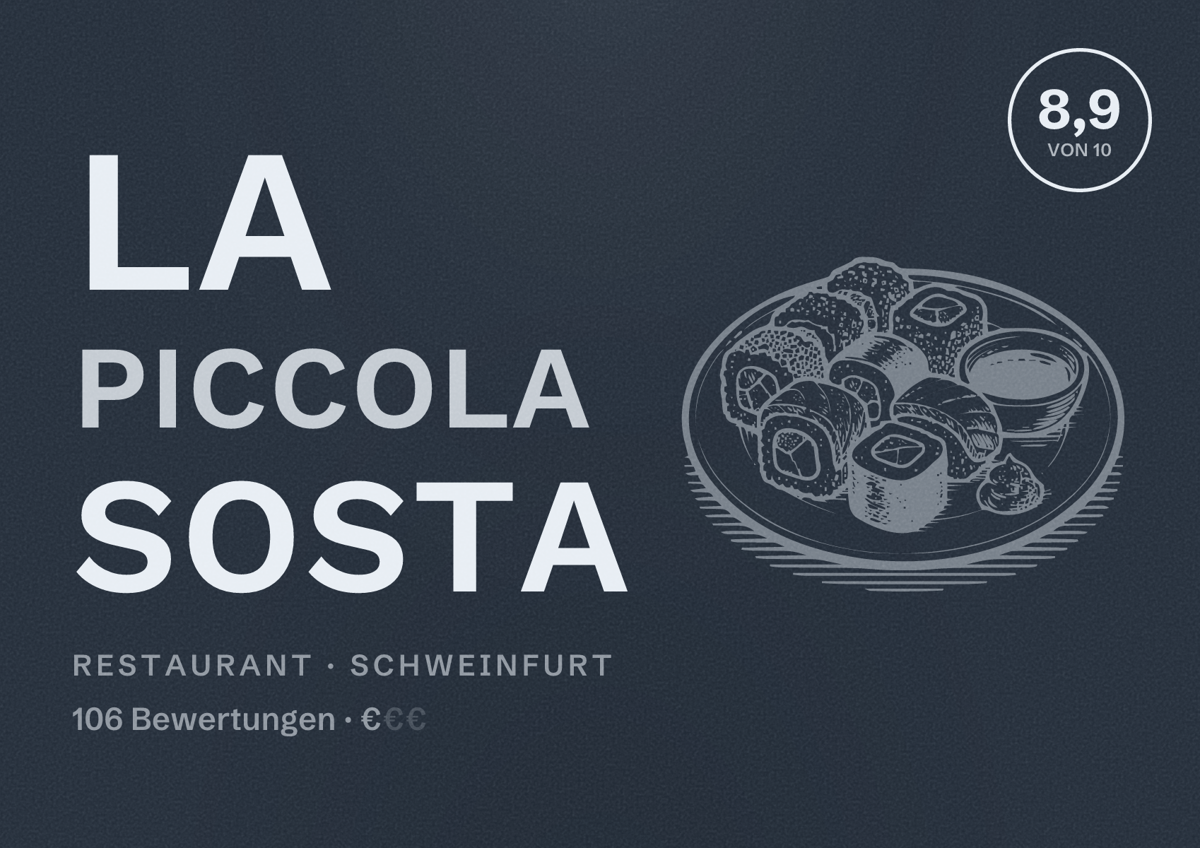 Illustriertes Poster von La Piccola Sosta, Restaurant in Schweinfurt: Bewertung 8,9 von 10 aus 106 Bewertungen, Preisniveau €