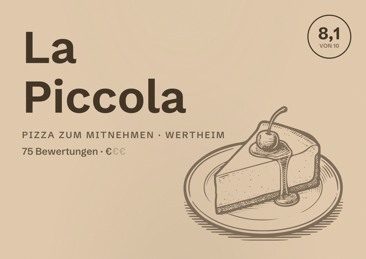 Illustriertes Poster von La Piccola, Pizza zum Mitnehmen in Wertheim: Bewertung 8,1 von 10 aus 75 Bewertungen, Preisniveau €