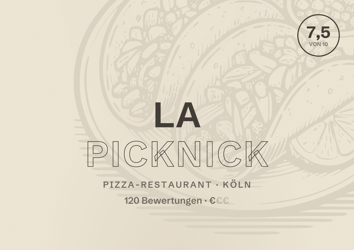 Illustriertes Poster von La Picknick, Pizza-Restaurant in Köln: Bewertung 7,5 von 10 aus 120 Bewertungen, Preisniveau €