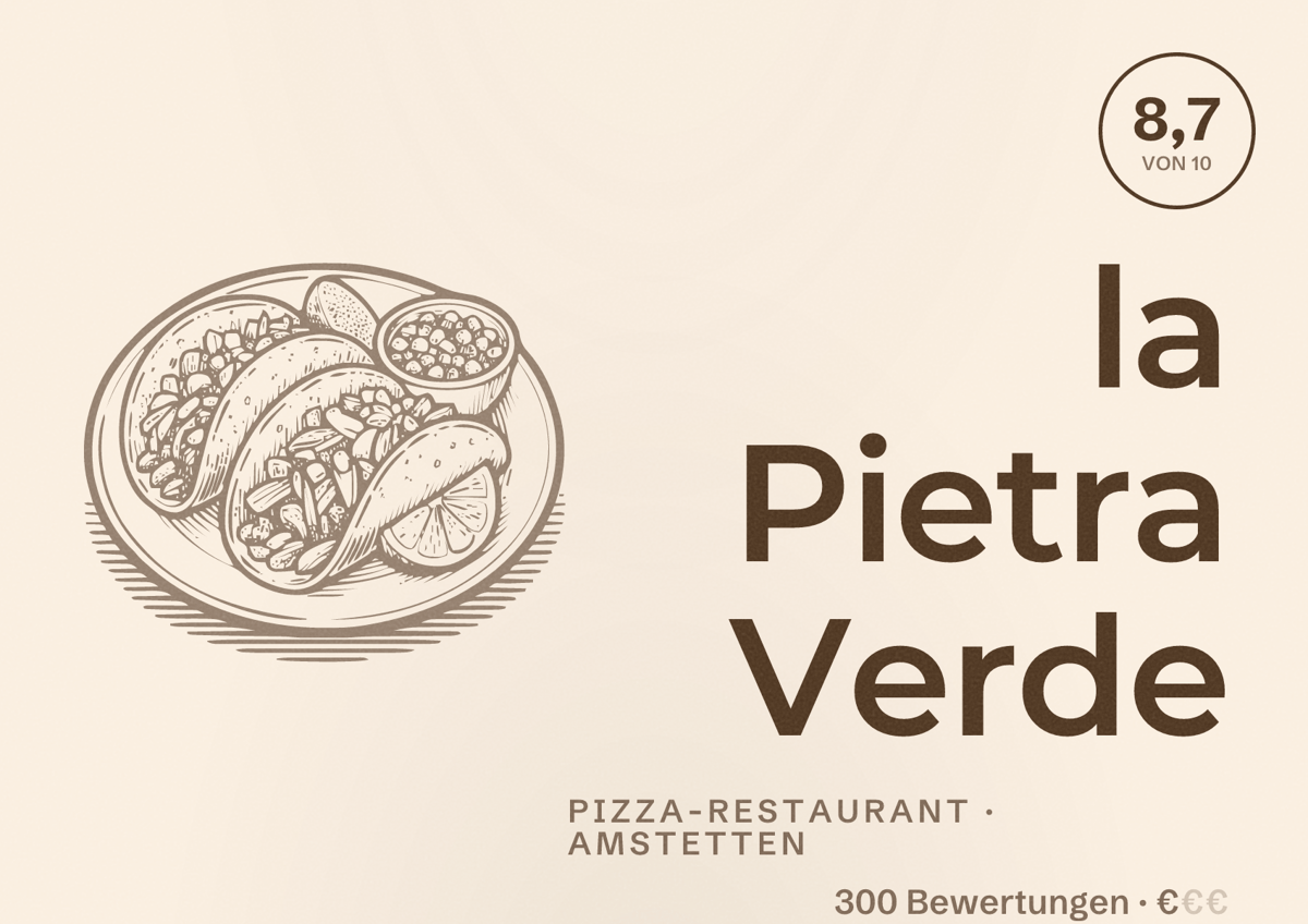 Illustriertes Poster von la Pietra Verde, Pizza-Restaurant in Amstetten: Bewertung 8,7 von 10 aus 300 Bewertungen, Preisniveau €