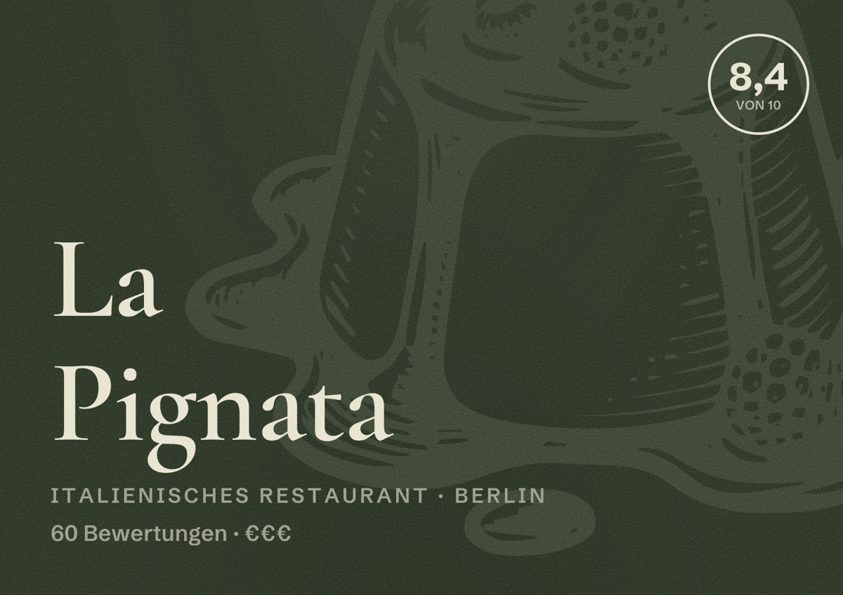 Illustriertes Poster von La Pignata, Italienisches Restaurant in Berlin: Bewertung 8,4 von 10 aus 60 Bewertungen, Preisniveau €€€