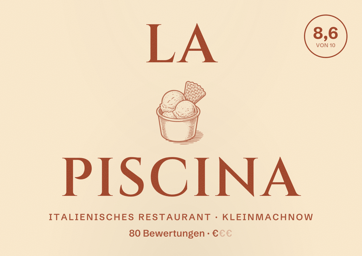 Illustriertes Poster von La Piscina, Italienisches Restaurant in Kleinmachnow: Bewertung 8,6 von 10 aus 80 Bewertungen, Preisniveau €