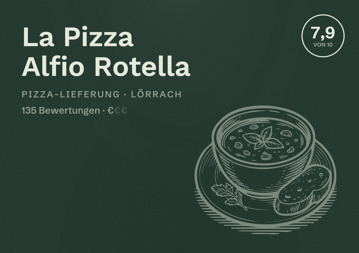 Illustriertes Poster von La Pizza Alfio Rotella, Pizza-Lieferung in Lörrach: Bewertung 7,9 von 10 aus 135 Bewertungen, Preisniveau €