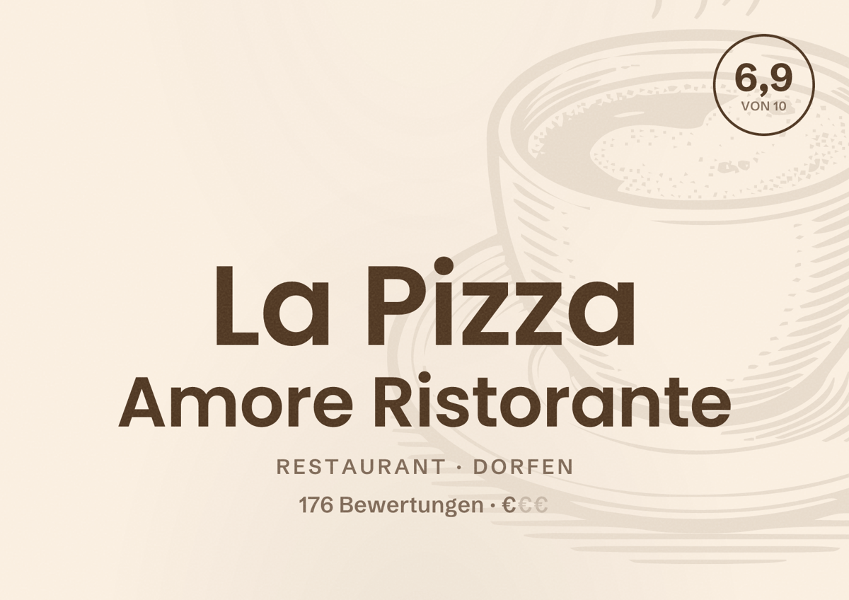 Illustriertes Poster von La Pizza Amore Ristorante, Restaurant in Dorfen: Bewertung 6,9 von 10 aus 176 Bewertungen, Preisniveau €