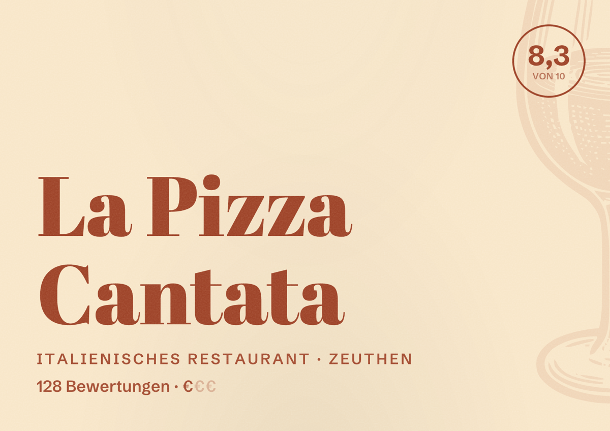 Illustriertes Poster von La Pizza Cantata, Italienisches Restaurant in Zeuthen: Bewertung 8,3 von 10 aus 128 Bewertungen, Preisniveau €