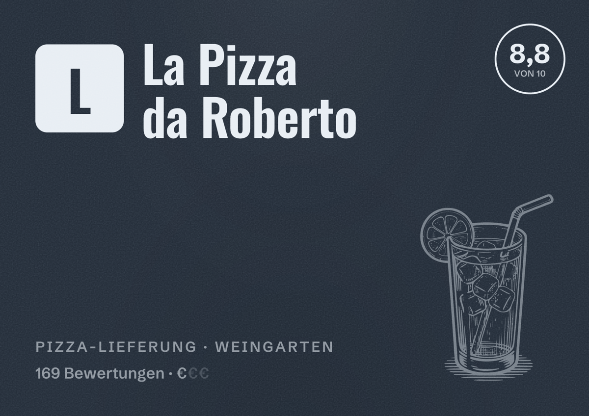 Illustriertes Poster von La Pizza da Roberto, Pizza-Lieferung in Weingarten: Bewertung 8,8 von 10 aus 169 Bewertungen, Preisniveau €