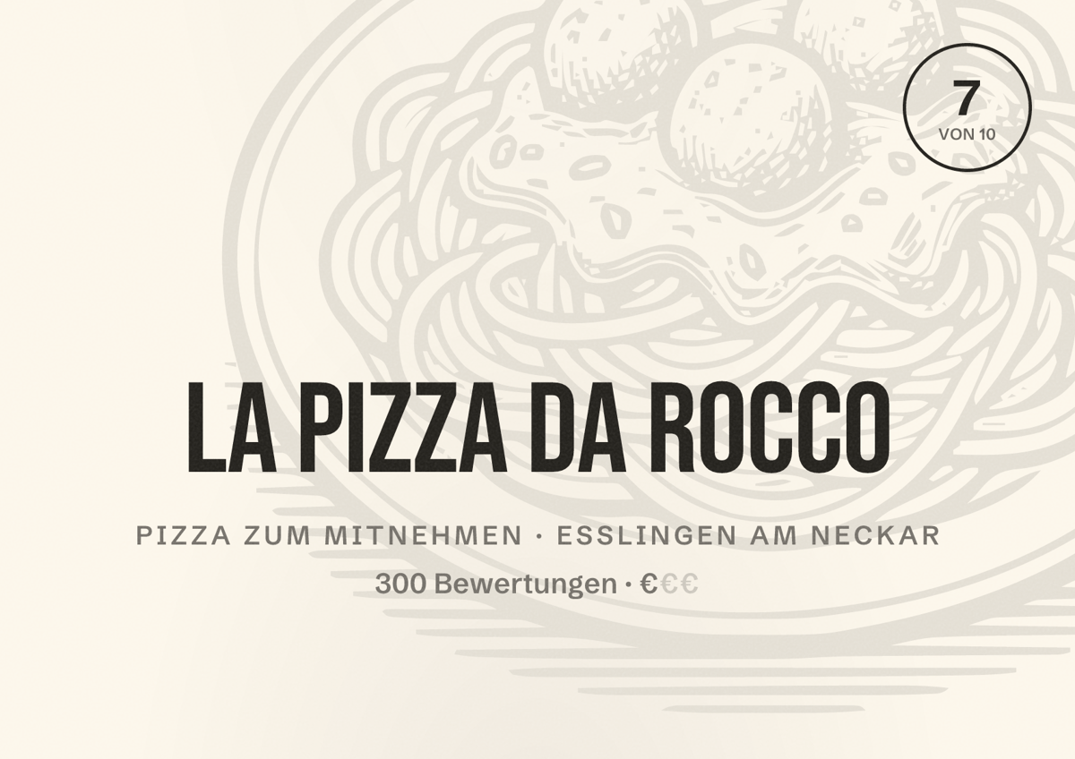 Illustriertes Poster von La Pizza Da Rocco, Pizza zum Mitnehmen in Esslingen am Neckar: Bewertung 7 von 10 aus 300 Bewertungen, Preisniveau €