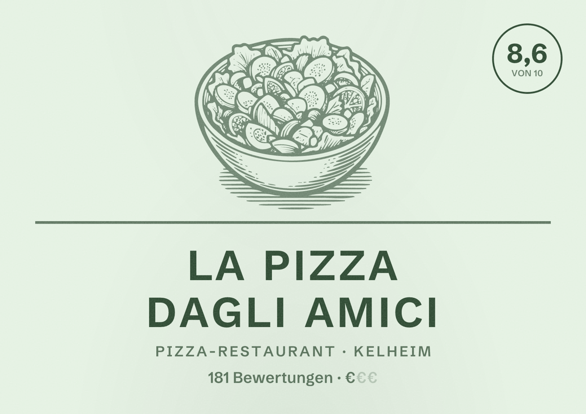 Illustriertes Poster von La Pizza Dagli Amici, Pizza-Restaurant in Kelheim: Bewertung 8,6 von 10 aus 181 Bewertungen, Preisniveau €