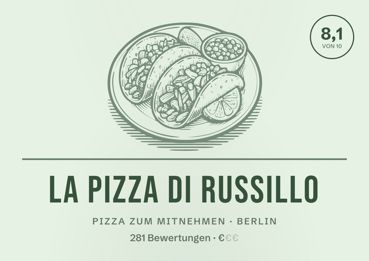 Illustriertes Poster von La Pizza di Russillo, Pizza zum Mitnehmen in Berlin: Bewertung 8,1 von 10 aus 281 Bewertungen, Preisniveau €