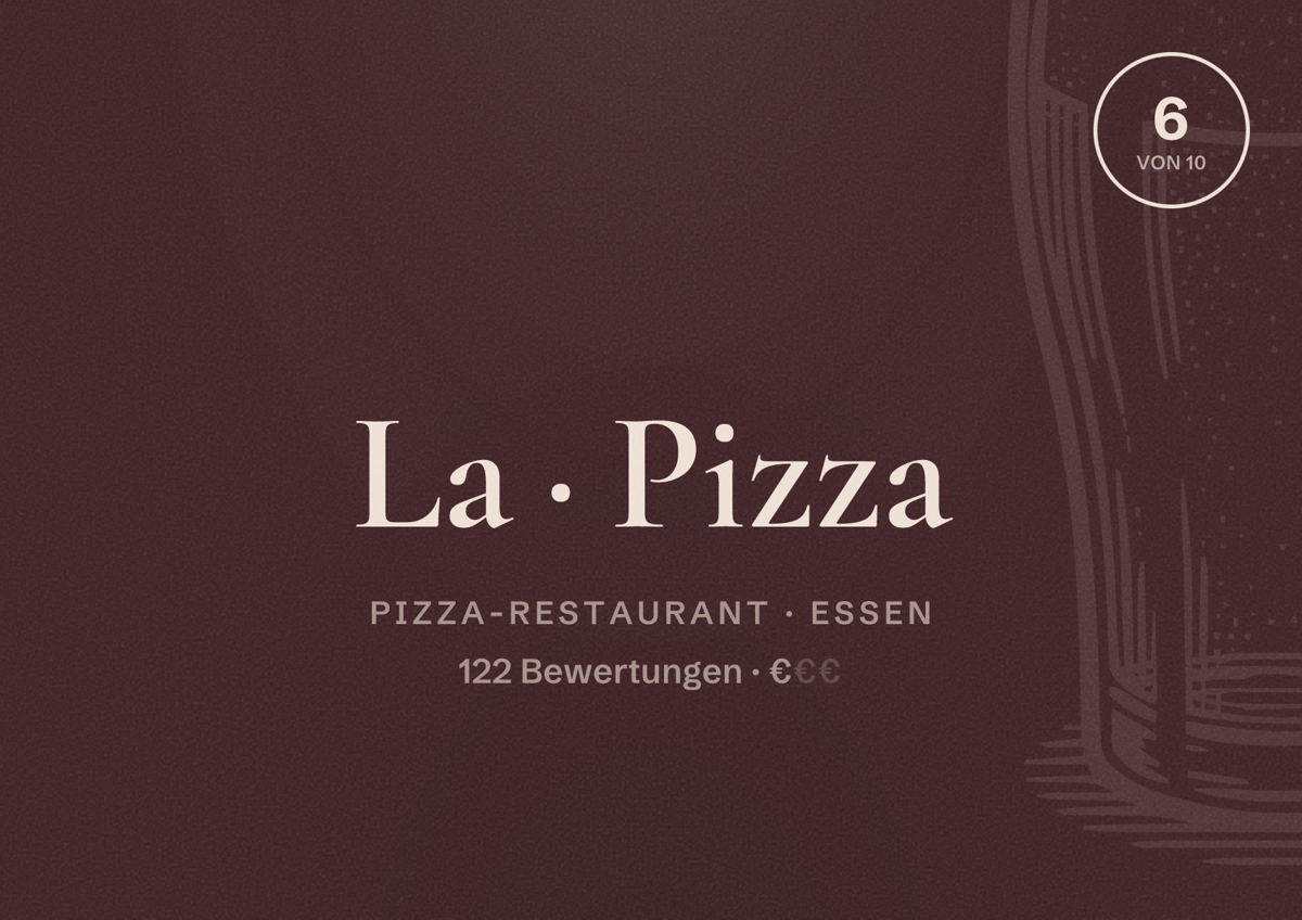 Illustriertes Poster von La Pizza, Pizza-Restaurant in Essen: Bewertung 6 von 10 aus 122 Bewertungen, Preisniveau €