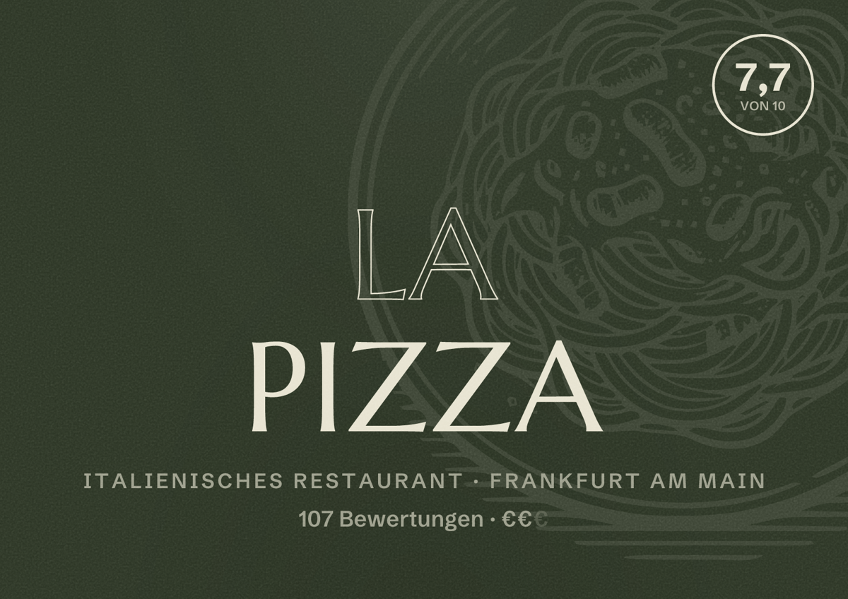 Illustriertes Poster von La Pizza, Italienisches Restaurant in Frankfurt am Main: Bewertung 7,7 von 10 aus 107 Bewertungen, Preisniveau €€