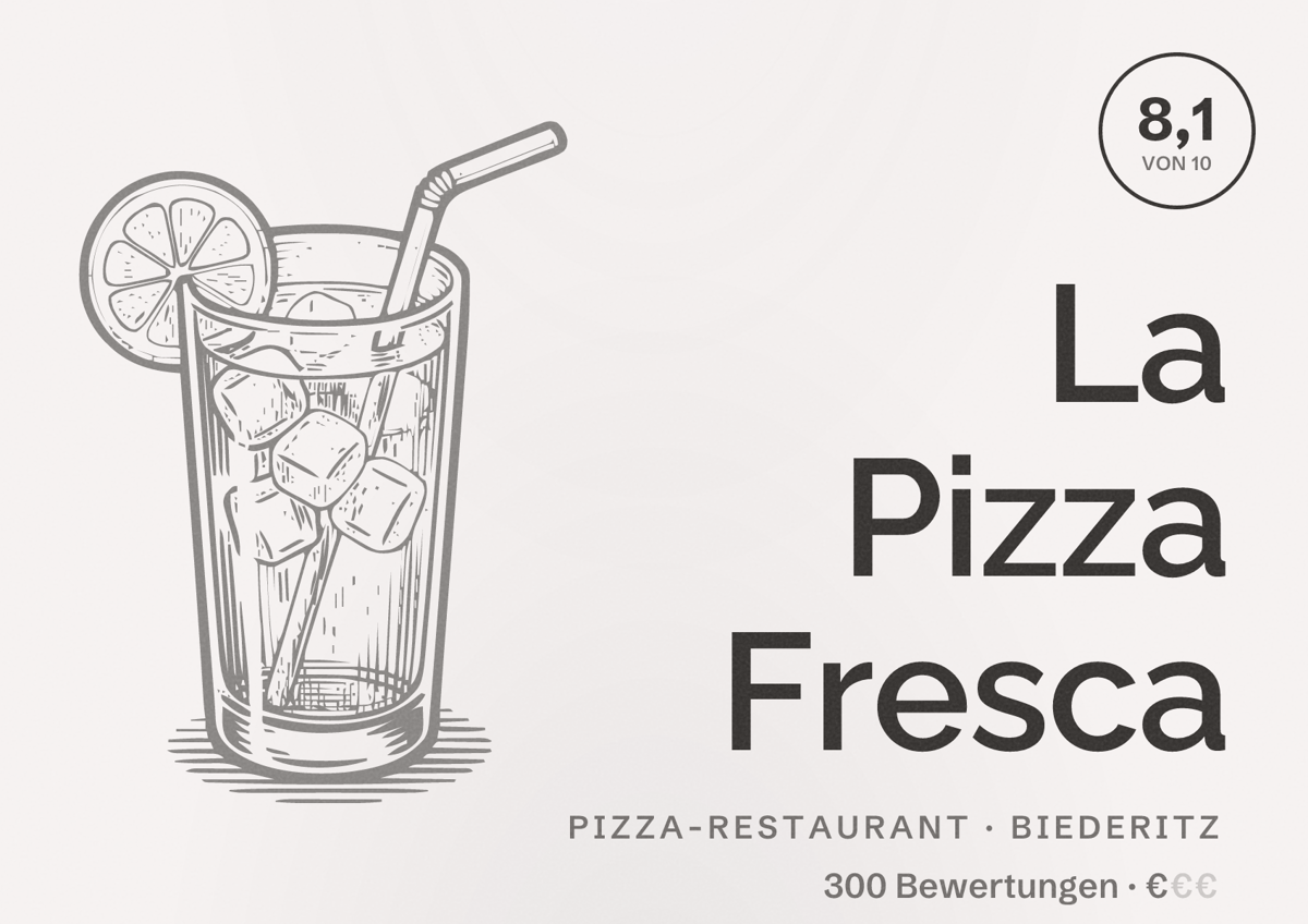 Illustriertes Poster von La Pizza Fresca, Pizza-Restaurant in Biederitz: Bewertung 8,1 von 10 aus 300 Bewertungen, Preisniveau €