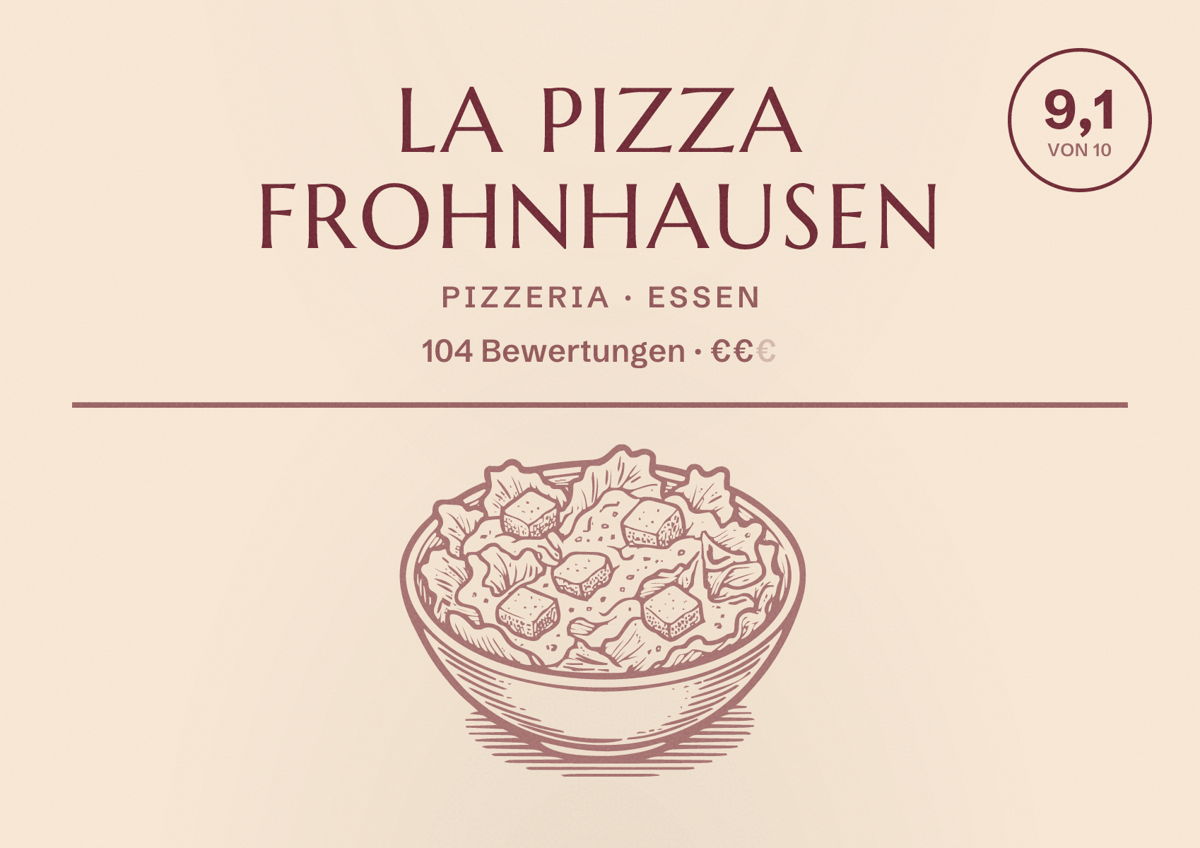 Illustriertes Poster von La Pizza Frohnhausen, Pizzeria in Essen: Bewertung 9,1 von 10 aus 104 Bewertungen, Preisniveau €€