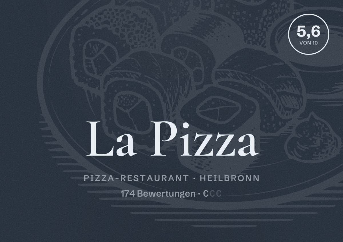 Illustriertes Poster von La Pizza, Pizza-Restaurant in Heilbronn: Bewertung 5,6 von 10 aus 174 Bewertungen, Preisniveau €