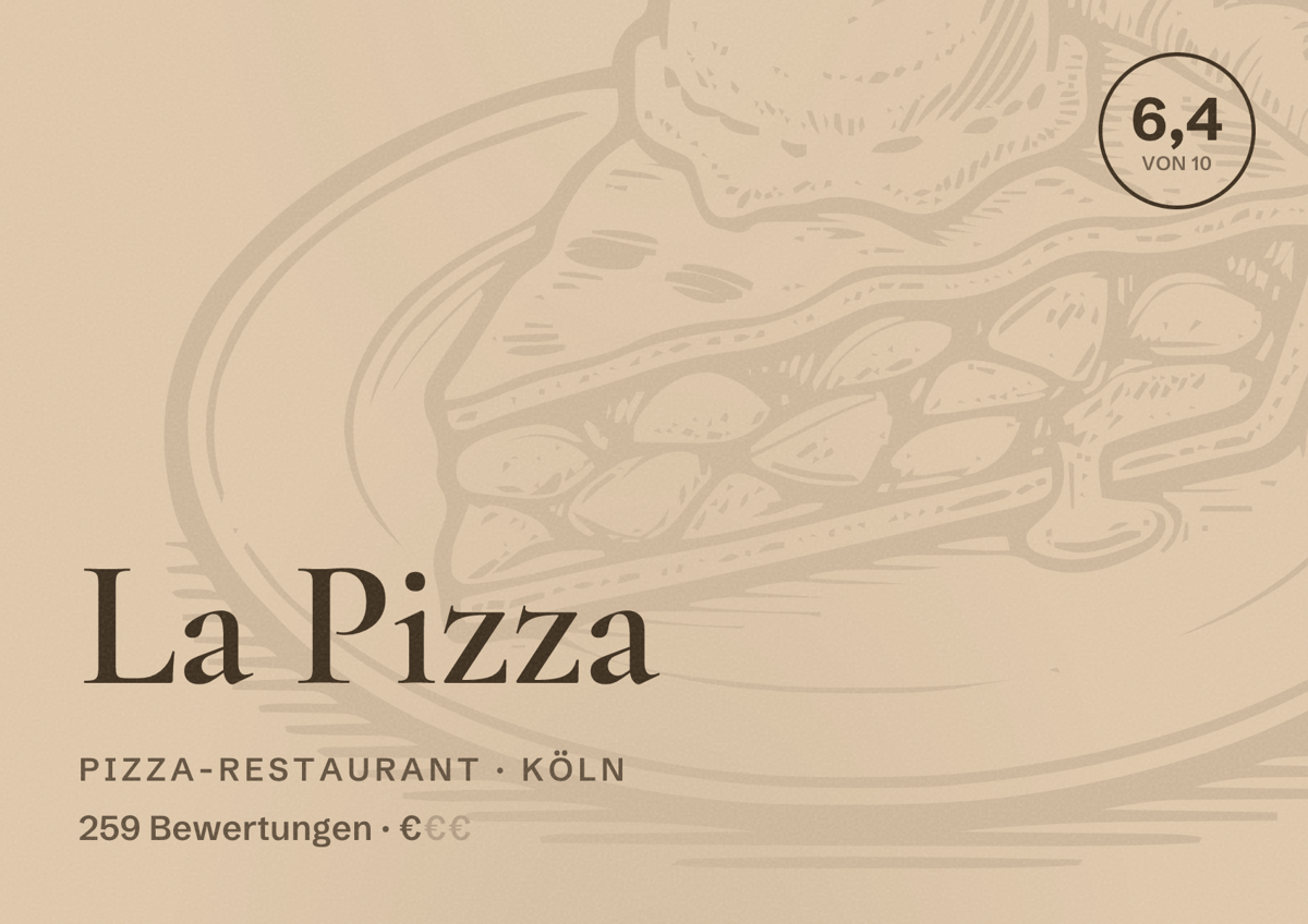 Illustriertes Poster von La Pizza, Pizza-Restaurant in Köln: Bewertung 6,4 von 10 aus 259 Bewertungen, Preisniveau €