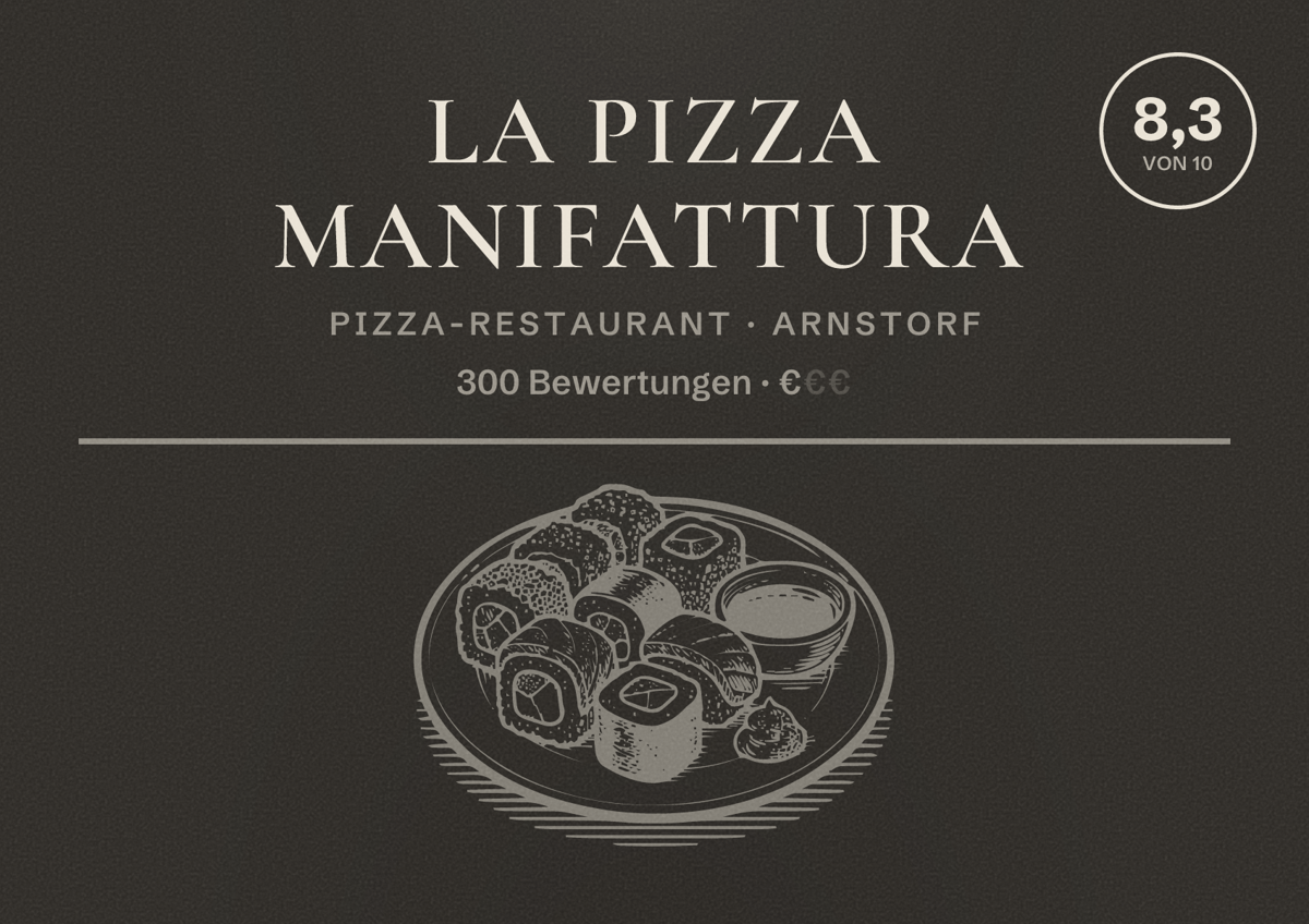 Illustriertes Poster von La Pizza Manifattura, Pizza-Restaurant in Arnstorf: Bewertung 8,3 von 10 aus 300 Bewertungen, Preisniveau €