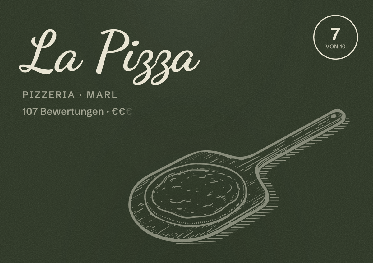 Illustriertes Poster von La Pizza, Pizzeria in Marl: Bewertung 7 von 10 aus 107 Bewertungen, Preisniveau €€