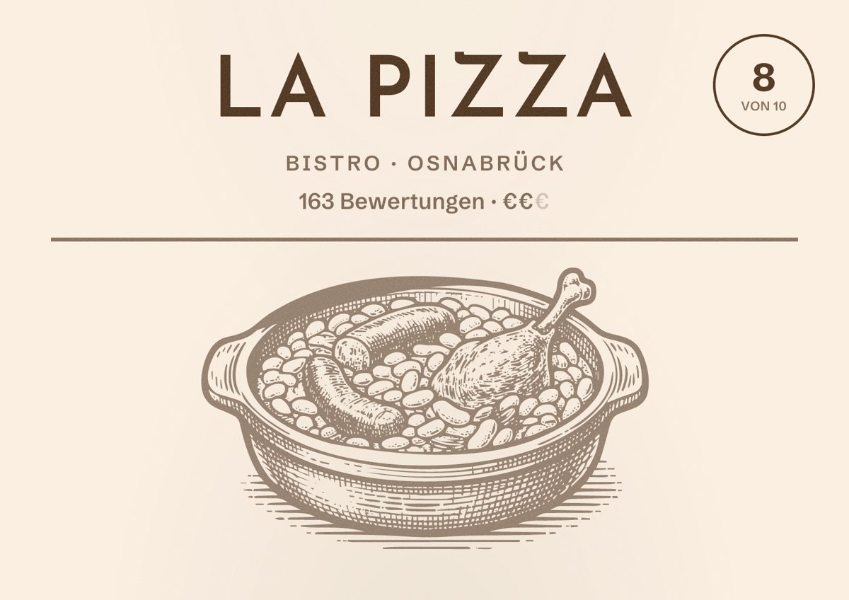 Illustriertes Poster von La Pizza, Bistro in Osnabrück: Bewertung 8 von 10 aus 163 Bewertungen, Preisniveau €€