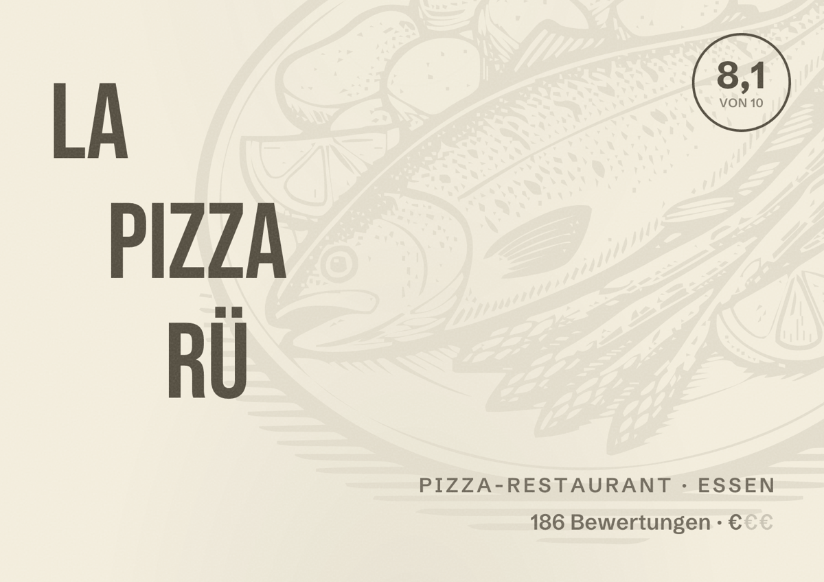 Illustriertes Poster von La Pizza Rü, Pizza-Restaurant in Essen: Bewertung 8,1 von 10 aus 186 Bewertungen, Preisniveau €