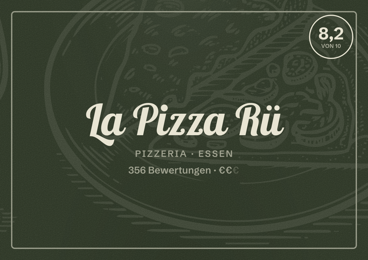 Illustriertes Poster von La Pizza Rü, Pizzeria in Essen: Bewertung 8,2 von 10 aus 356 Bewertungen, Preisniveau €€