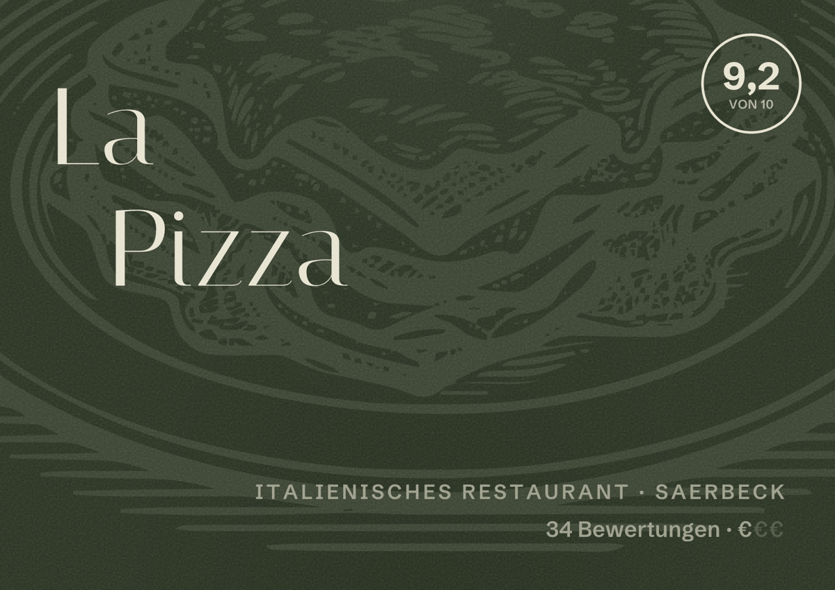 Illustriertes Poster von La Pizza, Italienisches Restaurant in Saerbeck: Bewertung 9,2 von 10 aus 34 Bewertungen, Preisniveau €