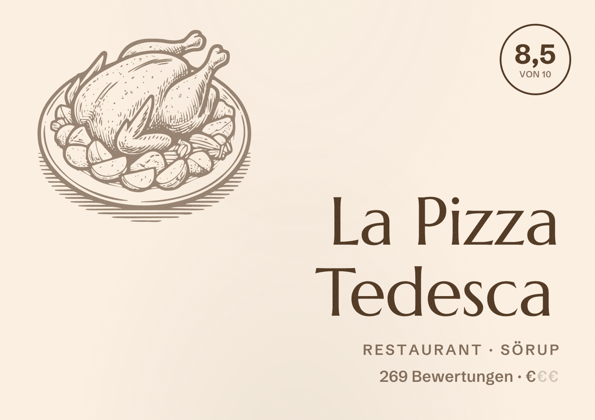 Illustriertes Poster von La Pizza Tedesca, Restaurant in Sörup: Bewertung 8,5 von 10 aus 269 Bewertungen, Preisniveau €