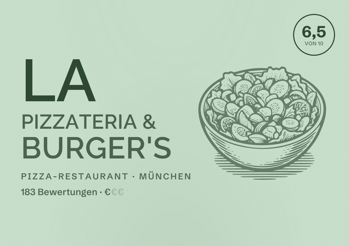 Illustriertes Poster von La Pizzateria & Burger's, Pizza-Restaurant in München: Bewertung 6,5 von 10 aus 183 Bewertungen, Preisniveau €