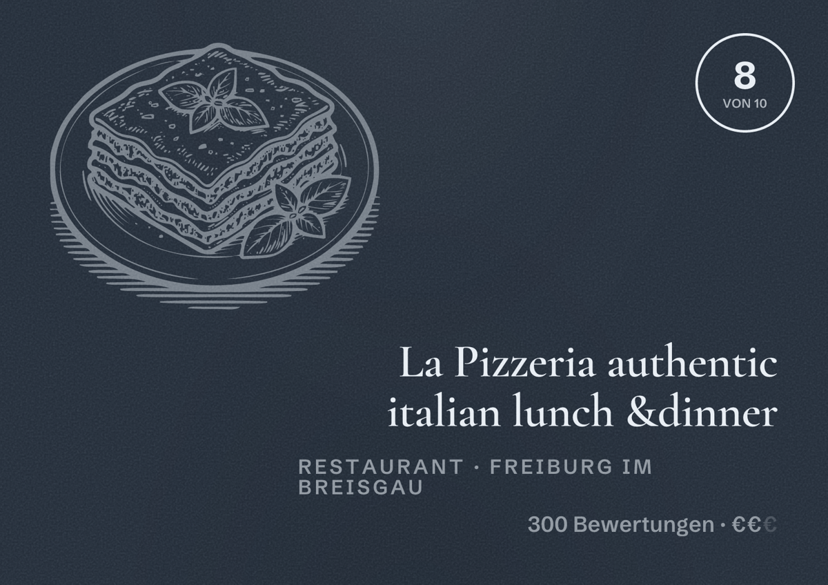 Illustriertes Poster von La Pizzeria authentic italian lunch &dinner, Restaurant in Freiburg im Breisgau: Bewertung 8,0 von 10 aus 300 Bewertungen, Preisniveau €€