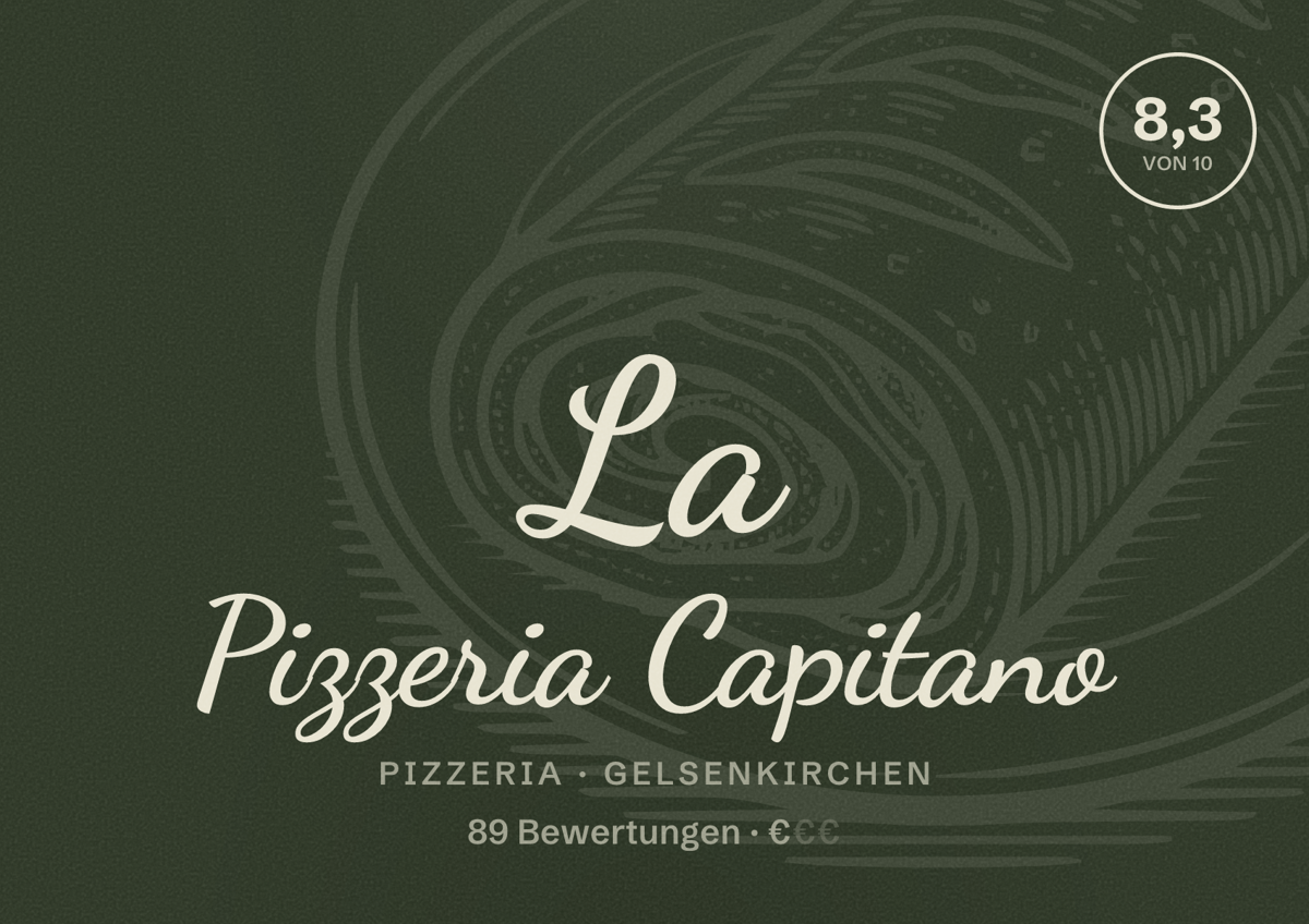 Illustriertes Poster von La Pizzeria Capitano, Pizzeria in Gelsenkirchen: Bewertung 8,3 von 10 aus 89 Bewertungen, Preisniveau €