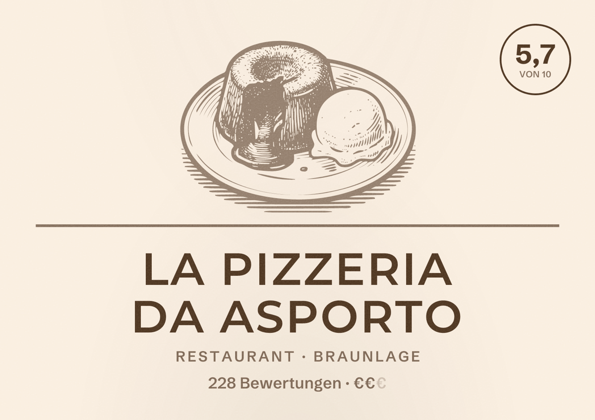 Illustriertes Poster von La Pizzeria da Asporto, Restaurant in Braunlage: Bewertung 5,7 von 10 aus 228 Bewertungen, Preisniveau €€