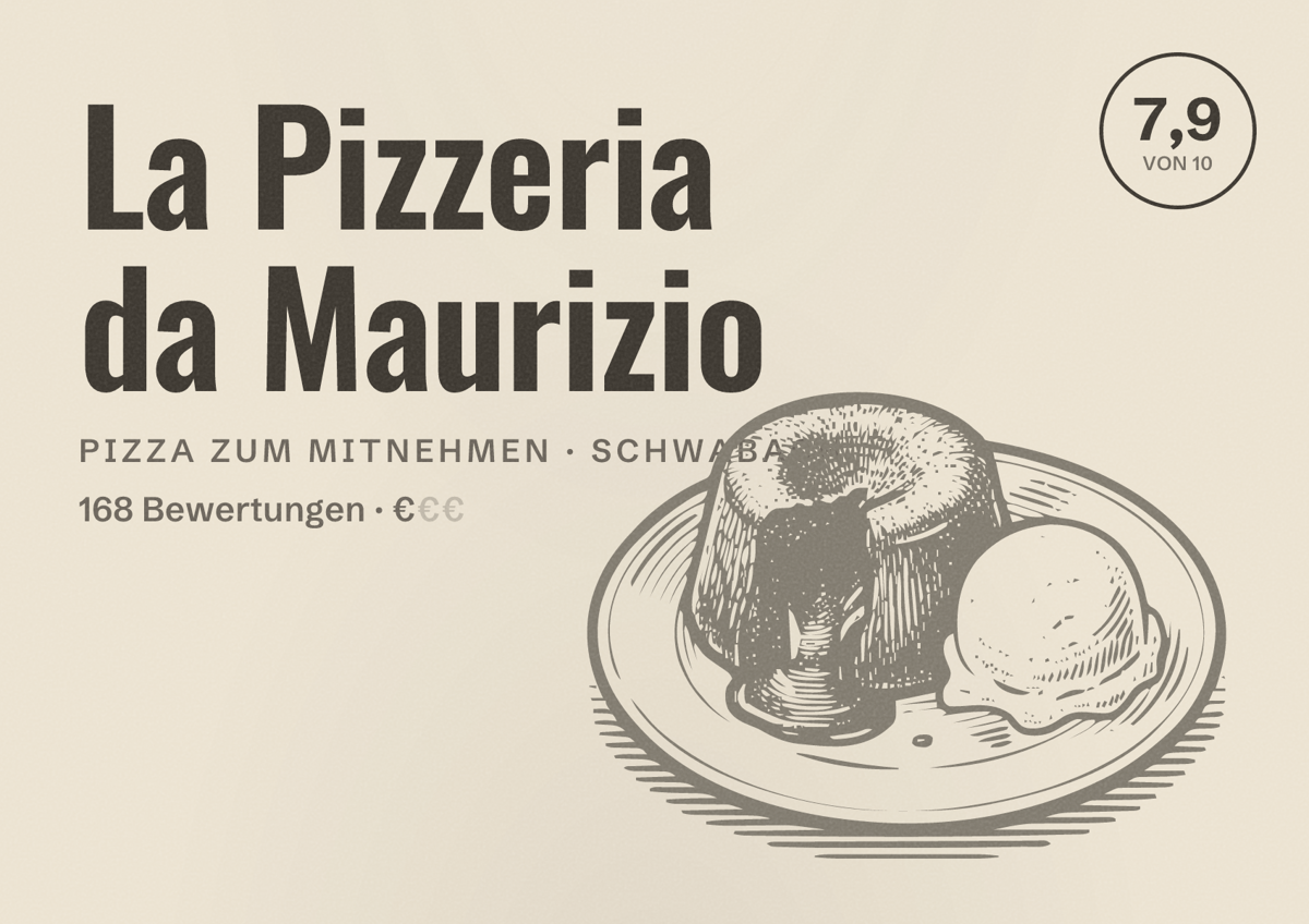 Illustriertes Poster von La Pizzeria da Maurizio, Pizza zum Mitnehmen in Schwabach: Bewertung 7,9 von 10 aus 168 Bewertungen, Preisniveau €